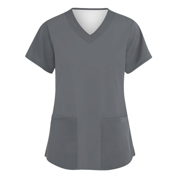 Scrubs for Women Short Sleeve V Neck Solid Color Tops with Drawstrings Nursing Working Uniform T-Shirts Gray M