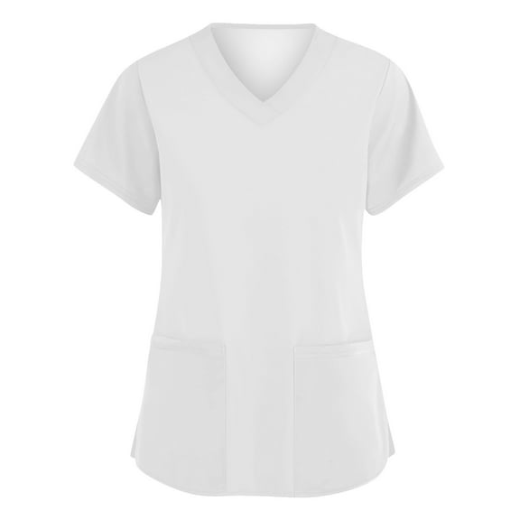 Scrubs for Women Short Sleeve V Neck Solid Color Tops with Drawstrings Nursing Working Uniform T-Shirts White 5XL