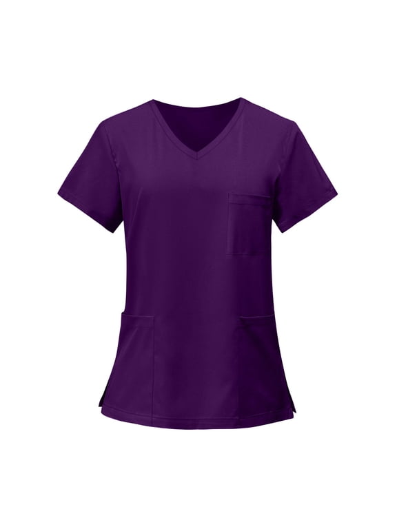 Scrubs for Women, Soft V-Neck Scrub Tops, Stretchy Medical Uniform with Pockets, Breathable & Easy Care Dark Purple L