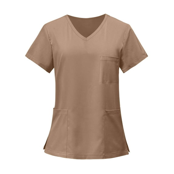 Scrubs for Women, Soft V-Neck Scrub Tops, Stretchy Medical Uniform with Pockets, Breathable & Easy Care Khaki 5XL