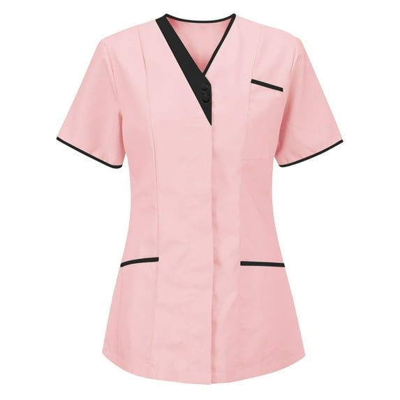 Women's Nurse Uniforms Summer Solid Color V-Neck Plus Size Workwear Shirt Short Sleeve Loose Fit Scrub Tops with Pockets (Pink)