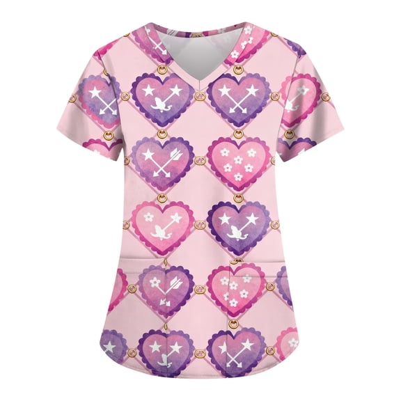 Scrubs for Women Tops Animal Print Shirt V Neck Cartoon Pattern Short Sleeve Nursing Uniform with Pockets 2025 Purple Pink L