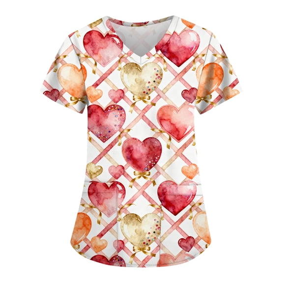 Scrubs for Women Tops Animal Print Shirt V Neck Cartoon Pattern Short Sleeve Nursing Uniform with Pockets 2025 Vermilion L