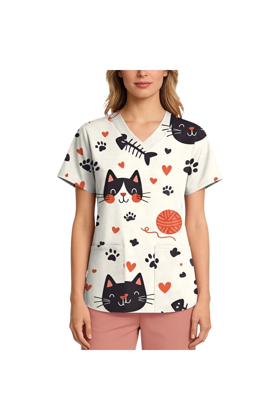 Scrubs for Women Tops Animal Print Shirt V Neck Cartoon Pattern Short Sleeve Nursing Uniform with Pockets