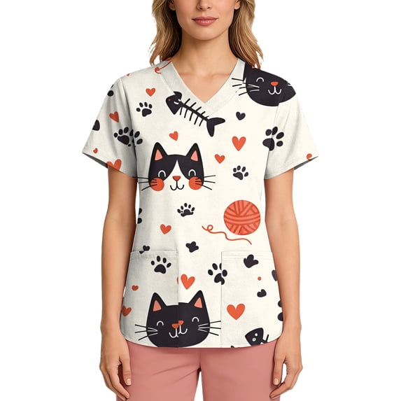 Scrubs for Women Tops Animal Print Shirt V Neck Cartoon Pattern Short Sleeve Nursing Uniform with Pockets