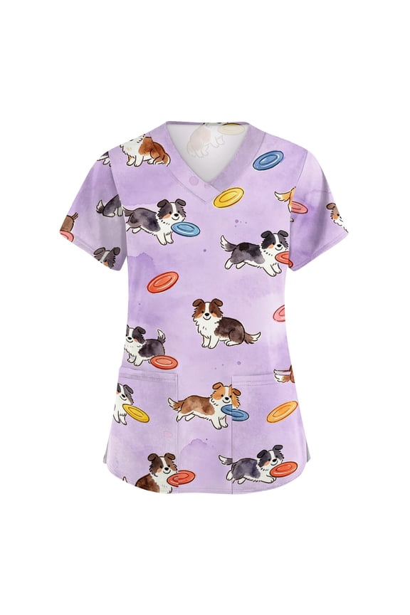 Scrubs for Women Tops Casual Scrub Tops Cartoon Animals Printed V Neck Short Sleeve Working Shirts