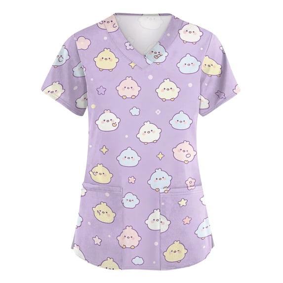 Scrubs for Women Tops Double Pocket Design V Neck Short Sleeve Nursing Work Tops