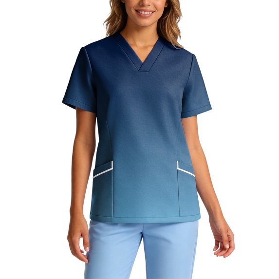 Scrubs for Women Tops Gradient Color Shirt V Neck Short Sleeve Nursing Uniform with Pockets