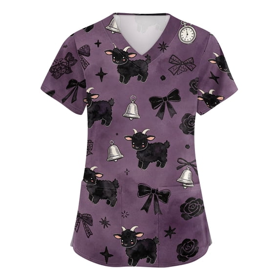 Scrubs for Women Tops Trendy Cartoon Animals Print V Neck Casual Working Scrub Tops With Functional Pockets