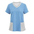 thumbnail image 1 of Scrubs for Women Tops with 2 Front Pockets Fashion Color Block V Neck T Shirts Short Sleeve Stretch Scrub Top (L, Sky Blue), 1 of 3