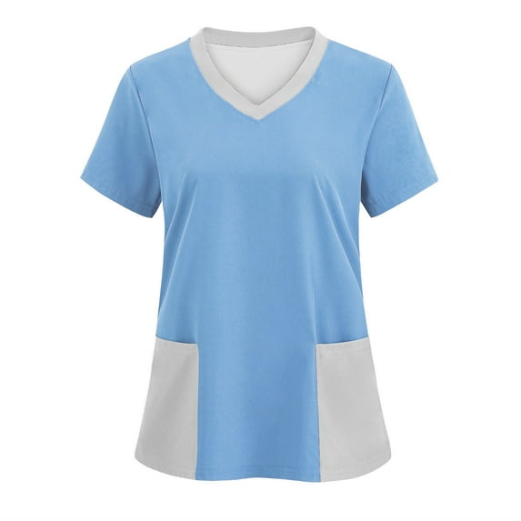 Scrubs for Women Tops with 2 Front Pockets Fashion Color Block V Neck T Shirts Short Sleeve Stretch Scrub Top (L, Sky Blue)