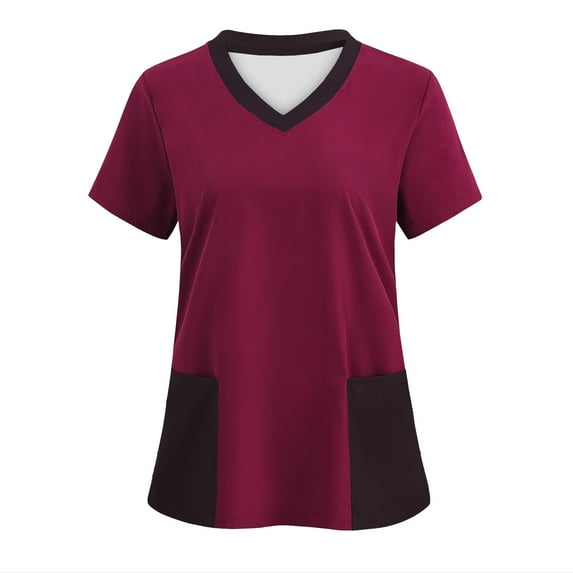 Scrubs for Women Tops with 2 Front Pockets Fashion Color Block V Neck T Shirts Short Sleeve Stretch Scrub Top (M, Wine)