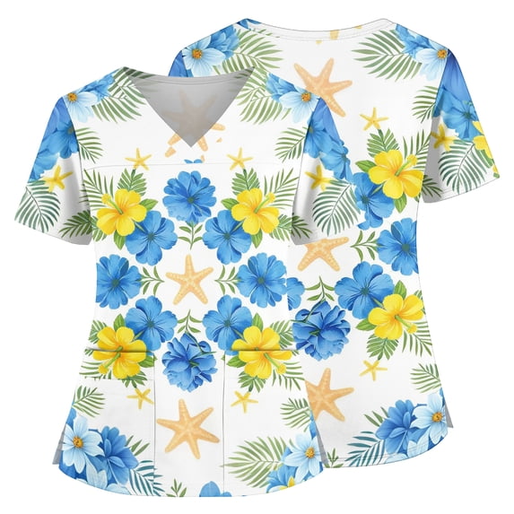 Scrubs for Women Tropical Print Short Sleeve V Neck Soft Skin Friendly Nurse Top