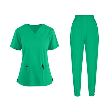 Scrubs for Women Two Piece Set V Neck Short Sleeve Top And Straight Leg joggers Pants Nursing Uniform Set with Pockets