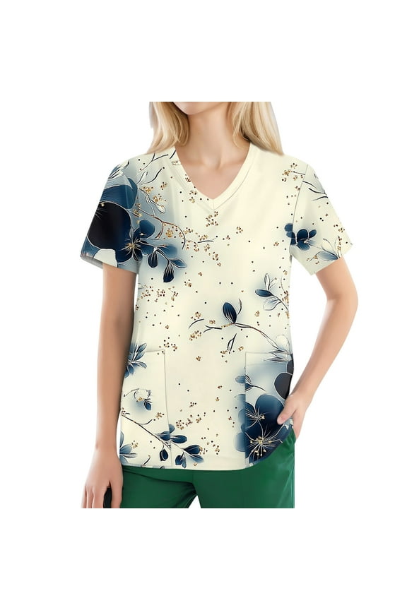 Scrubs for Women,Unisex Medical Scrub Tops Long Sleeve with Side Pockets - Floral Print Workwear for Nurses - Beige - L