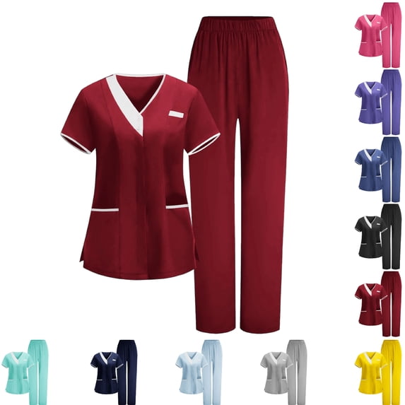 Scrubs for Women V Neck Breathable Scrub Tops Women and Scrub Pants Medical Nursing Uniform Hospital Work Uniform Wine M