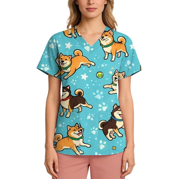 Scrubs for Women V Neck Cute Animal Pattern Scrub Tops Stretchy Nursing Uniforms Holiday Medical Shirts with Pockets