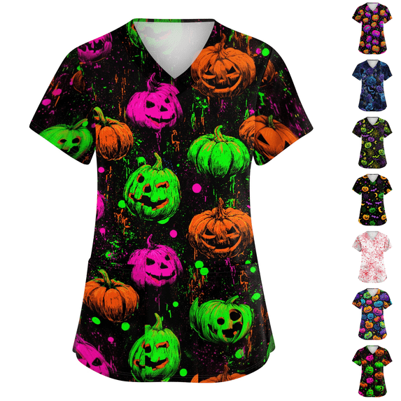 Scrubs for Women V Neck Cute Printed Scrub Tops Medical Nurse Shirt Soft Casual Uniform Halloween Holiday Earthy Yellow L