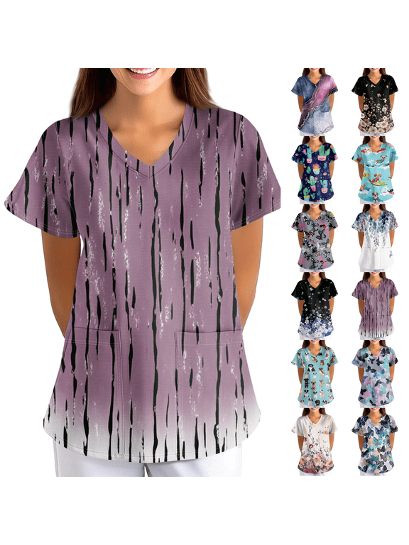 Scrubs for Women V Neck Medical Top Fun Prints 4 Way Stretch Moisture Wicking Purple 3XL