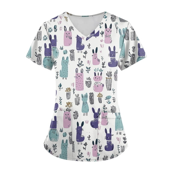 Scrubs for Women,V-Neck Scrub Tops with Animal Pattern - Wrinkle-Resistant Nursing Uniform with Pockets - Multicolor - XL