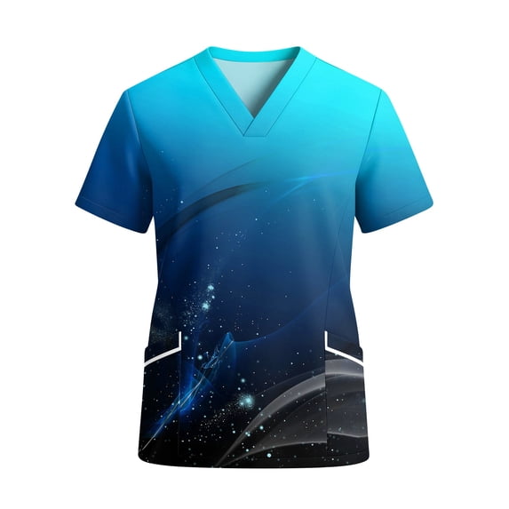 Scrubs for Women V Neck Short Sleeve Animal Print Nursing Uniform Top with Pockets - Stretch Medical Scrub Shirt