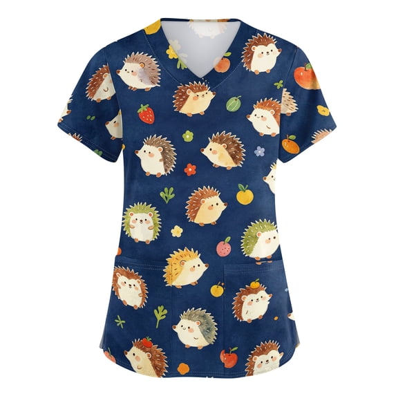 Scrubs for Women V Neck Short Sleeve Animal Printed Scrub Tops, Cartoon Pattern Plus Size Medical Nursing Uniform with Pockets - Blue - S