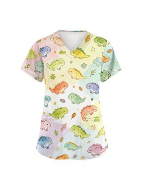 Scrubs for Women V Neck Short Sleeve Animal Printed Scrub Tops, Cartoon Pattern Plus Size Medical Nursing Uniform with Pockets - Multicolor - M