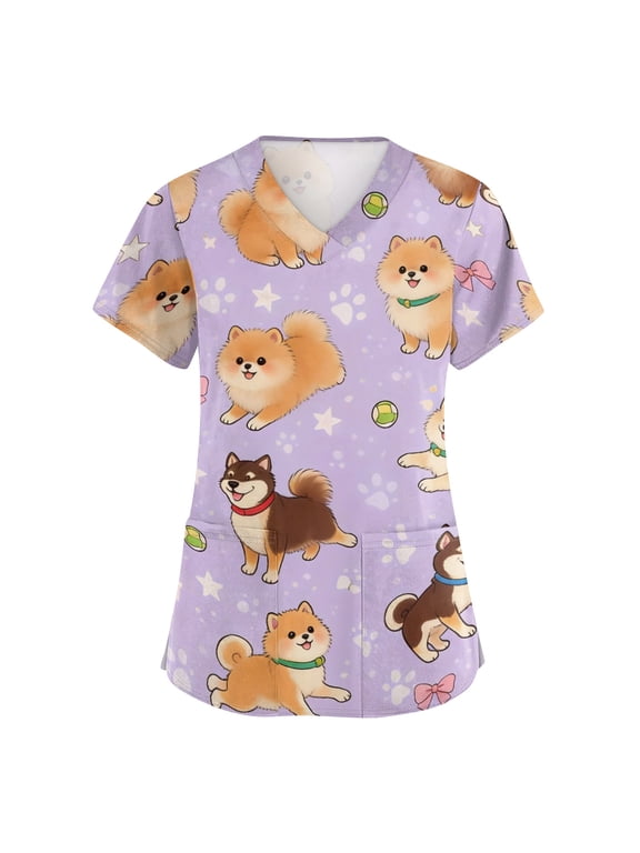 Scrubs for Women V Neck Short Sleeve Animal Printed Scrub Tops, Cartoon Pattern Plus Size Medical Nursing Uniform with Pockets - Purple - XL