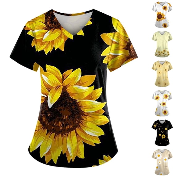 Scrubs for Women V Neck Short Sleeve Print Nursing Uniform Top with Pockets - Stretch Medical Scrub Shirt Saffron 5XL