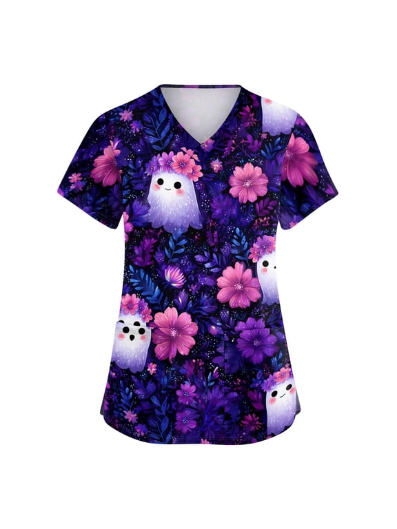 Scrubs for Women V Neck Short Sleeve Printed Tops Cartoon Pattern Free 4 Way Strech Nursing with Pockets