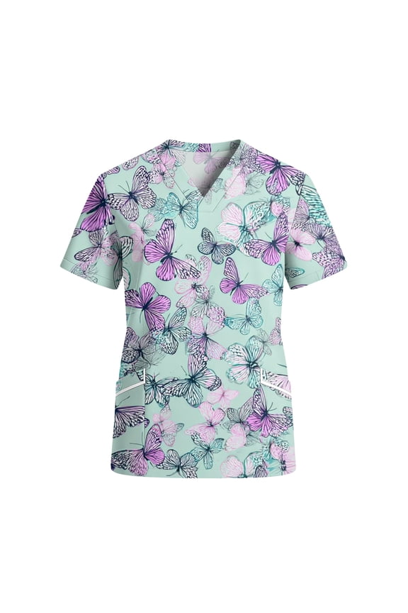 Scrubs for Women V Neck Short Sleeve Printed Tops Cartoon Pattern Plus Size Nursing with Pockets