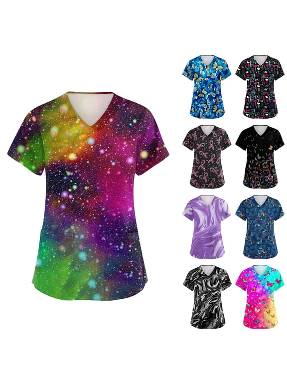 Scrubs for Women V Neck Short Sleeve Printed Tops Cartoon Pattern Plus Size Nursing with Pockets