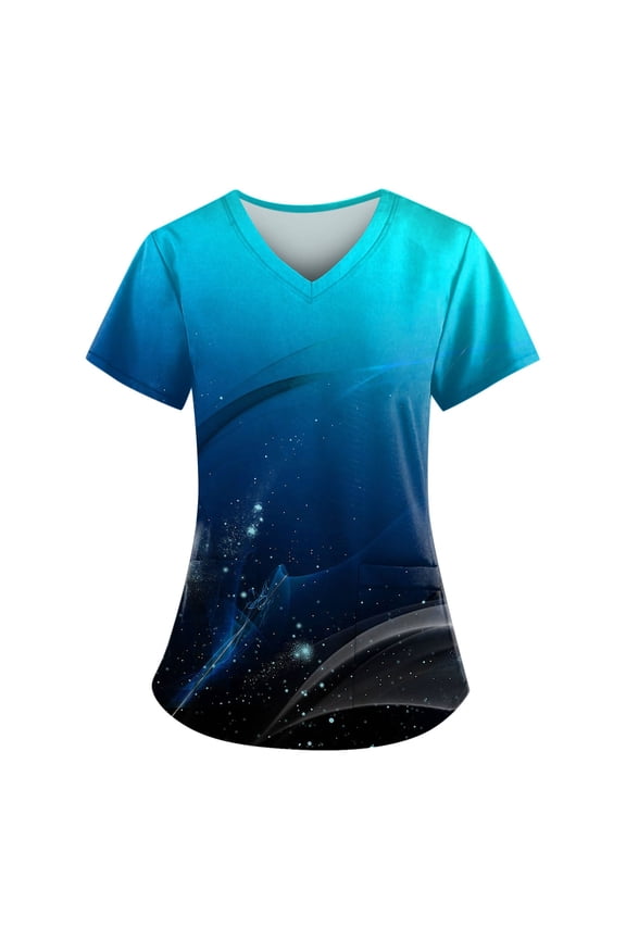 Scrubs for Women V Neck Short Sleeve Printed Tops Pattern Plus Size Nursing with Pockets Blue L
