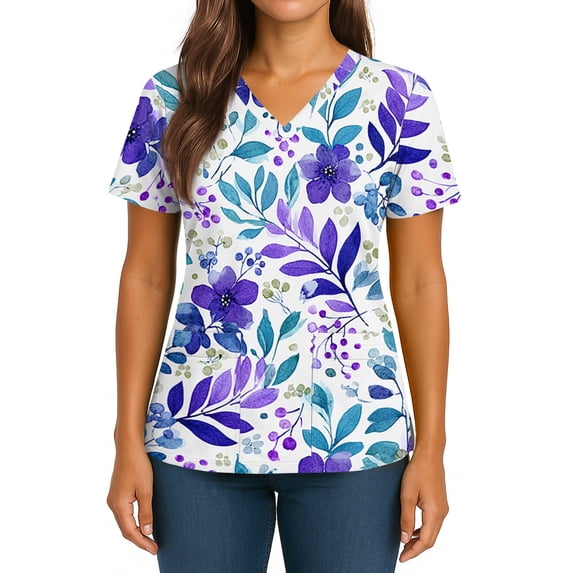 Scrubs for Women V Neck Short Sleeve Scrubs Tops Fashion Casual Floral Print Workwear T-shirts Work Uniform with Pockets
