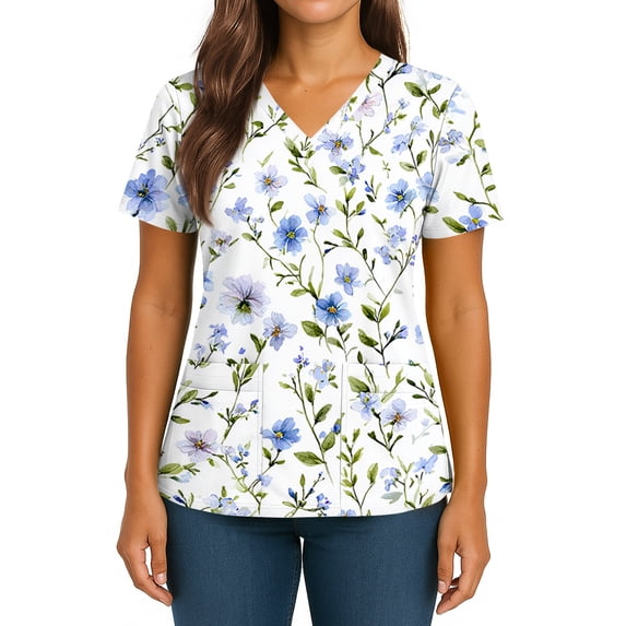 Scrubs for Women V Neck Short Sleeve Scrubs Tops Fashion Casual Floral Print Workwear T-shirts Work Uniform with Pockets