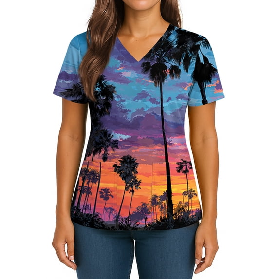 Scrubs for Women V Neck Short Sleeve Scrubs Tops Fashion Casual Hawaiian Print Workwear T-shirts Work Uniform with Pockets