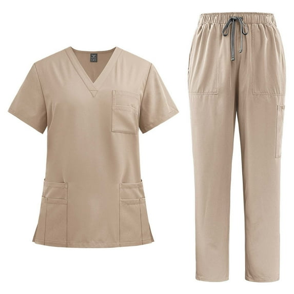 Scrubs for Women V Neck Short Sleeve Top And Elastic Waist Drawstring Straight Leg Pants Nursing Uniform Set with 9 Pockets