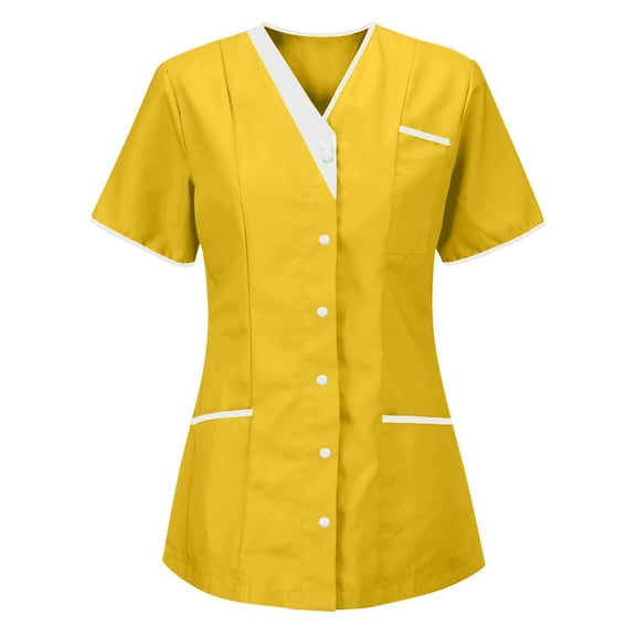 Scrubs for Women V-Neck Short Sleeve Tunic Top Workwear Snap Front Classic Shirt Medical Nursing Uniform with Multiple Pockets