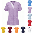 thumbnail image 1 of Scrubs for Women V-Neck Short Sleeve Tunic Top Workwear Snap Front Classic Shirt Medical Nursing Uniform with Multiple Pockets, 1 of 4