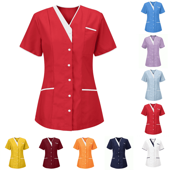 Scrubs for Women V-Neck Short Sleeve Tunic Top Workwear Snap Front Classic Shirt Medical Nursing Uniform with Multiple Pockets