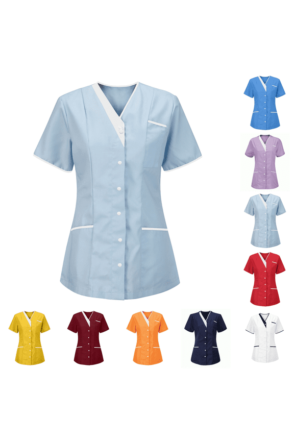 Scrubs for Women V-Neck Short Sleeve Tunic Top Workwear Snap Front Classic Shirt Medical Nursing Uniform with Multiple Pockets