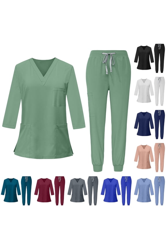 Scrubs for Women V Neck Solid Color 3/4 Sleeve Medical Nursing Scrub Set with Pocket Stretchy Workwear Uniform, #02 Mint Green, S
