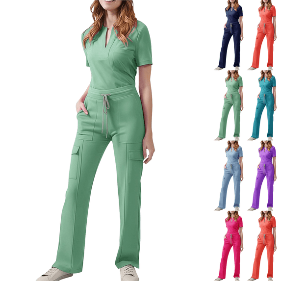 Scrubs for Women V Neck T Shirt and Drawstring Cargo Pants Nursing Uniform Workwear Stretch Comfort 2 Piece Scrub Sets S-2XL