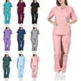 thumbnail image 1 of Scrubs for Women - V Neck Top and Bootcut Cargo Straight Pants with multi Pockets Pink L, 1 of 4