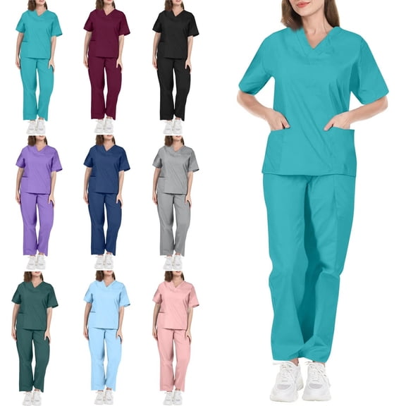 Scrubs for Women - V Neck Top and Bootcut Cargo Straight Pants with multi Pockets Sky Blue M