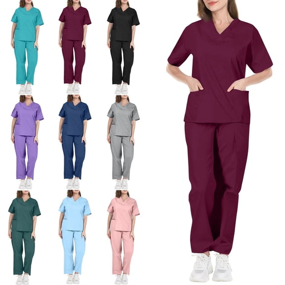 Scrubs for Women - V Neck Top and Bootcut Cargo Straight Pants with multi Pockets Wine S