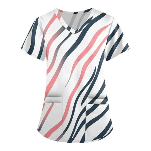 Scrubs for Women,Women's Floral Printed Scrub Tops - V-Neck Stretch Fabric with Utility Pockets - Light pink - M