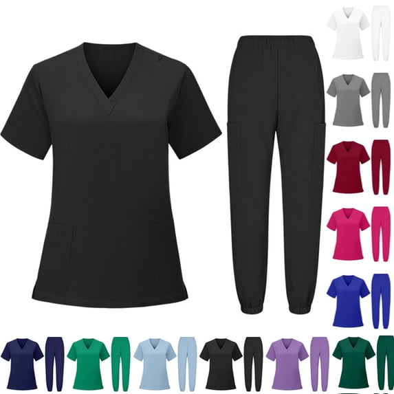 Scrubs for Women Women's Medical Scrub Sets V-Neck Short Sleeve Nursing Tops & Cargo Pants Uniforms Set with Pockets Black,M