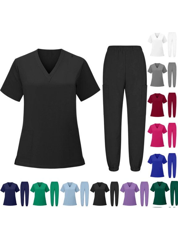 Scrubs for Women Women's Medical Scrub Sets V-Neck Short Sleeve Nursing Tops & Cargo Pants Uniforms Set with Pockets Black,S