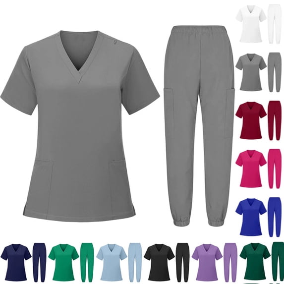 Scrubs for Women Women's Medical Scrub Sets V-Neck Short Sleeve Nursing Tops & Cargo Pants Uniforms Set with Pockets Gray,M